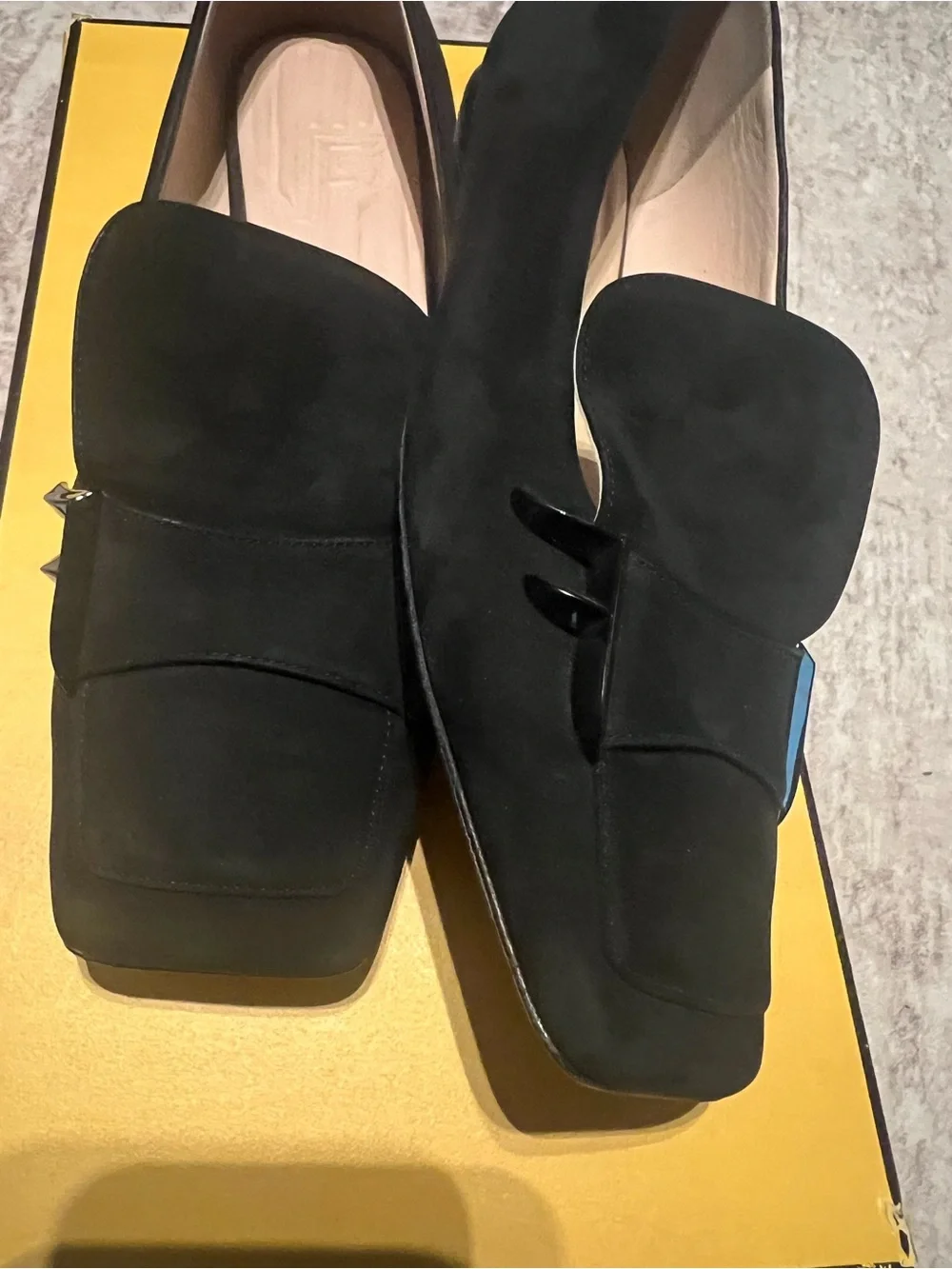 Fendi Black Suede Square-Toe Loafers